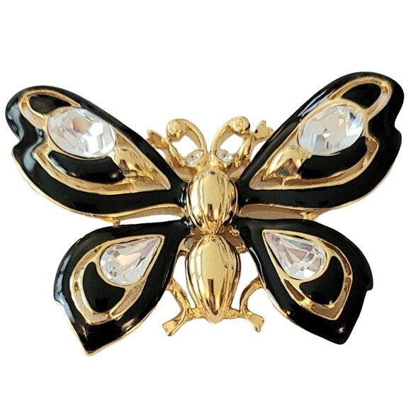Trifari Gold Tone Clear Rhinestone Black Enamel Butterfly Brooch, Signed M777 - Picture 1 of 8